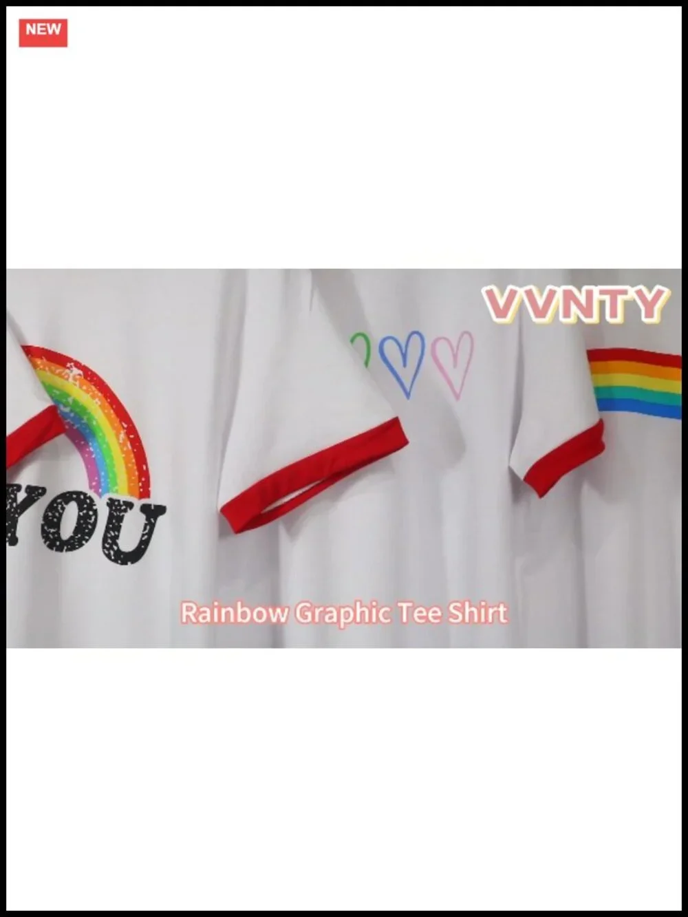 Rainbow Heart Pride Tee Women Short Sleeve Crewneck Ringer T-Shirt Polyester